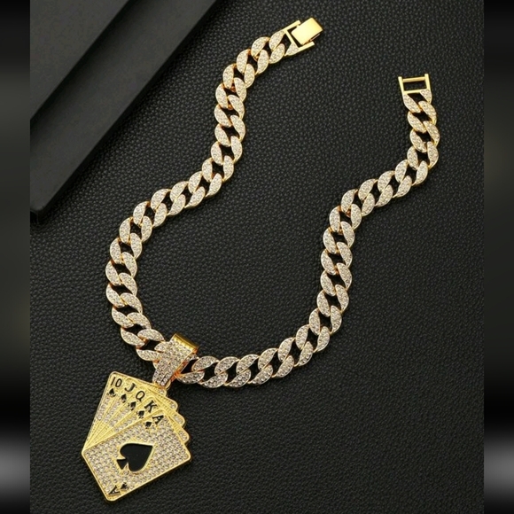 Hip Hop Iced Out Fully Rhinestone Gold Card Pendant & Cuban Chain Necklace 18" - Picture 5 of 13